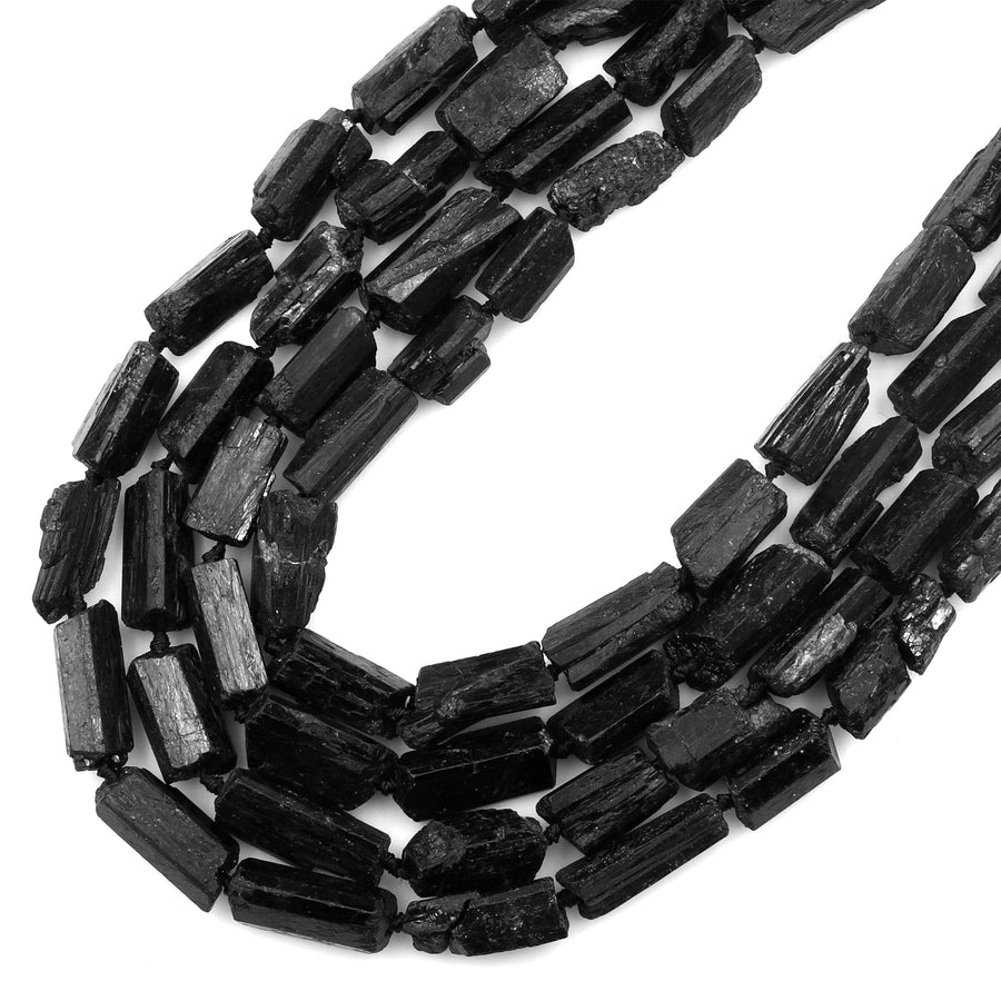 Drilled Raw Rough Natural Black Tourmaline Beads Nugget Gemstones Tube 15.5" Strand