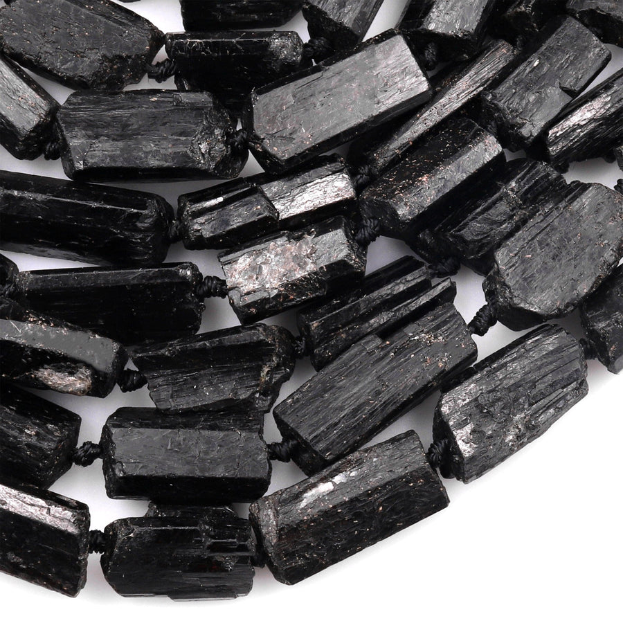 Drilled Raw Rough Natural Black Tourmaline Beads Nugget Gemstones Tube 15.5" Strand