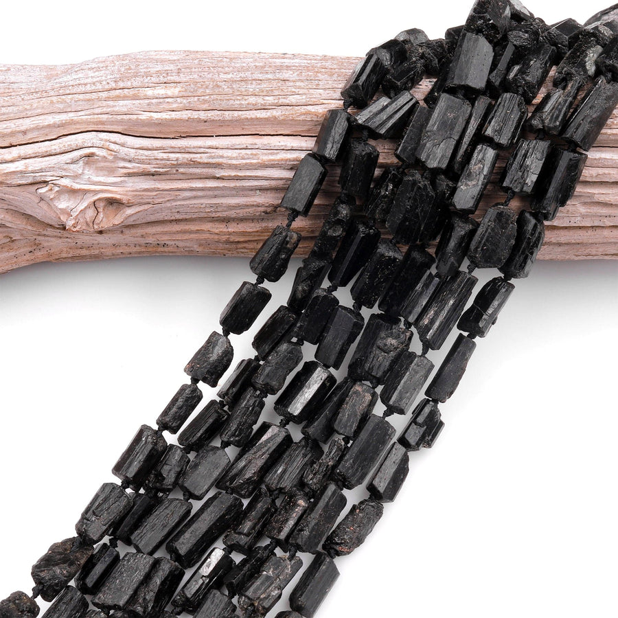 Drilled Raw Rough Natural Black Tourmaline Beads Nugget Gemstones Tube 15.5" Strand