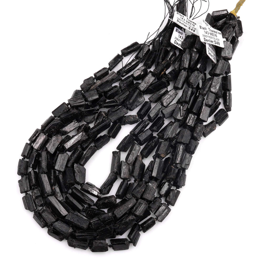 Drilled Raw Rough Natural Black Tourmaline Beads Nugget Gemstones Tube 15.5" Strand