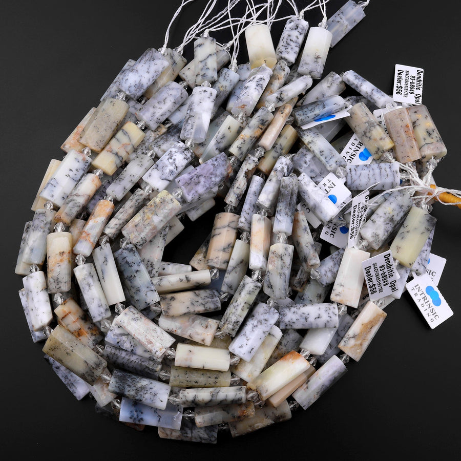 Natural Dendritic Opal Beads Faceted Flat Long Rectangle 15.5" Strand