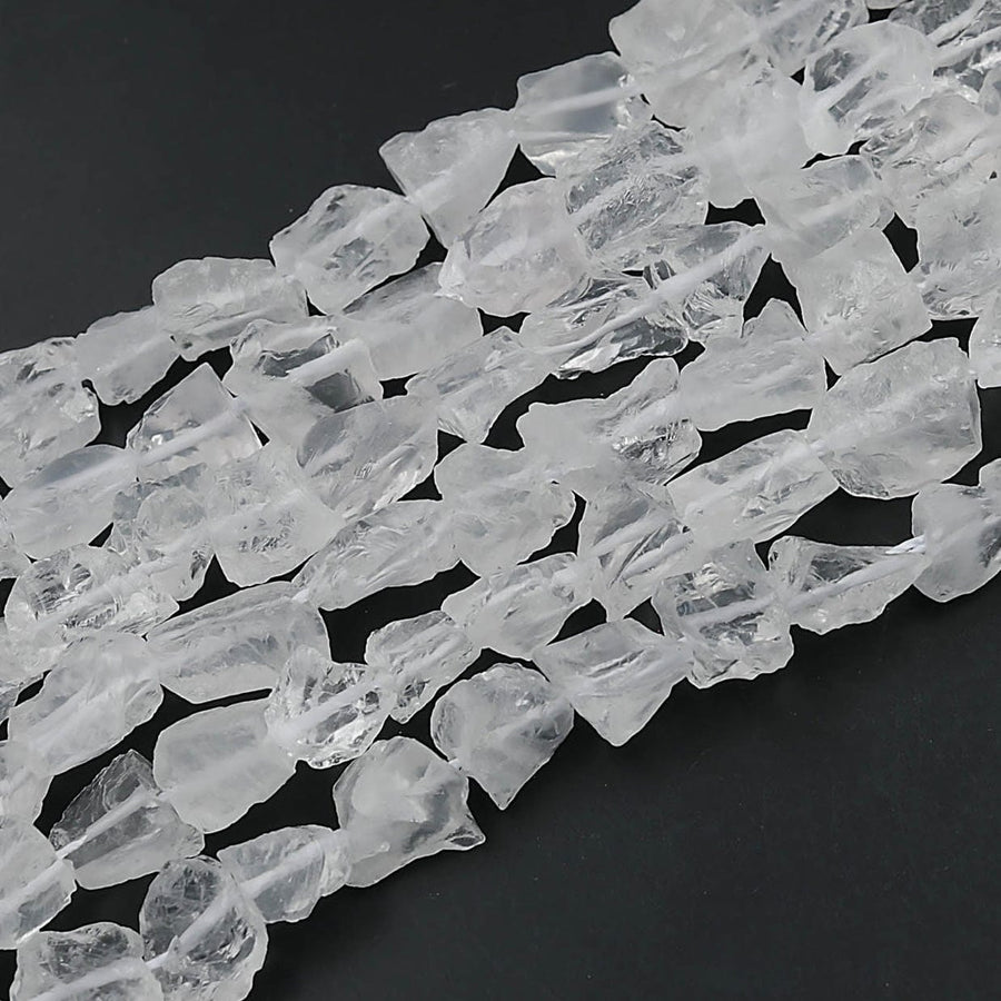 Natural Rock Crystal Quartz Freeform Nugget Beads Hand Hammered Raw Organic Gemstone 15.5" Strand
