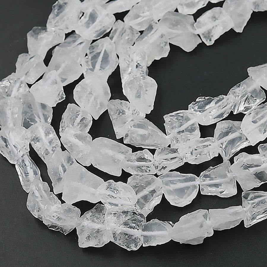 Natural Rock Crystal Quartz Freeform Nugget Beads Hand Hammered Raw Organic Gemstone 15.5" Strand