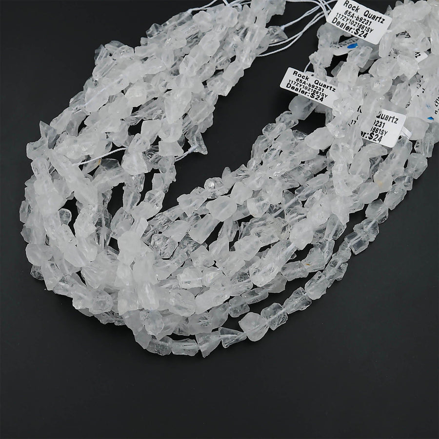 Natural Rock Crystal Quartz Freeform Nugget Beads Hand Hammered Raw Organic Gemstone 15.5" Strand