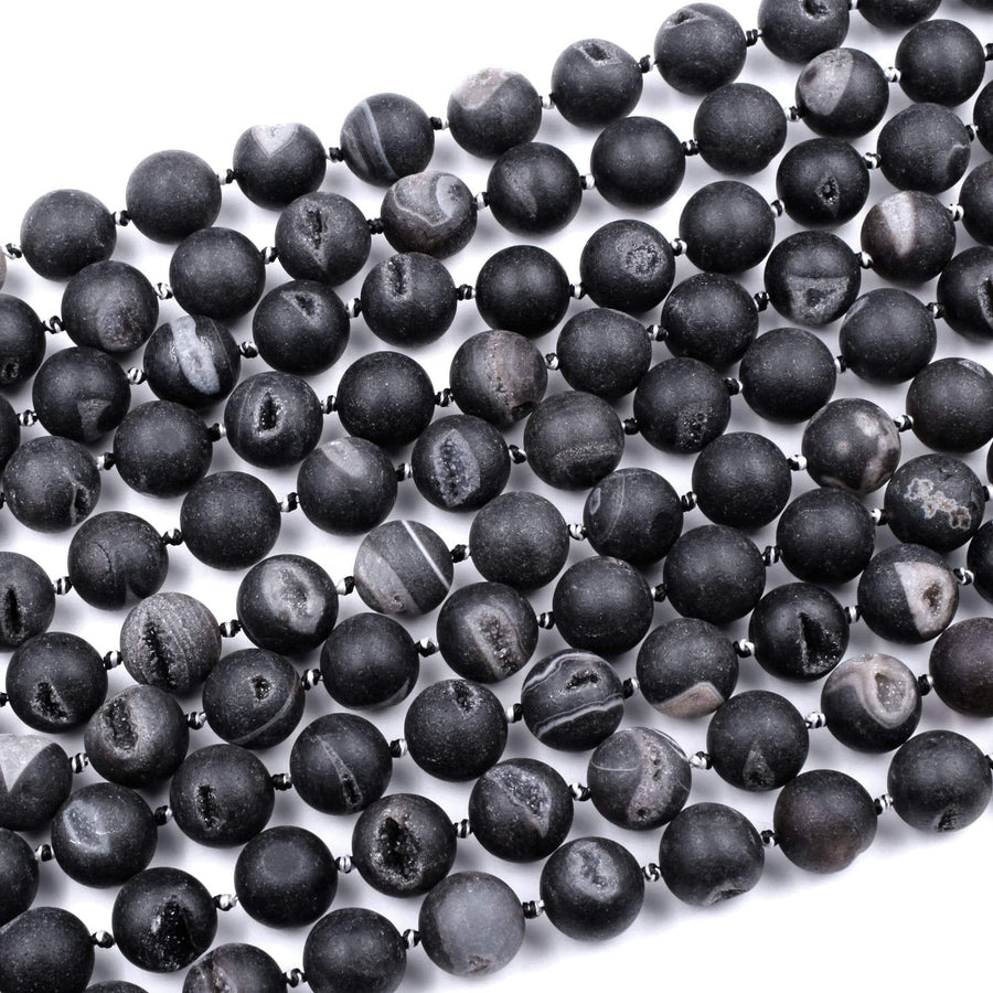 Matte Natural Black Druzy Agate 12mm 14mm 16mm 18mm Round Beads With White Quartz Druzy Crystal Cave 15.5" Strand