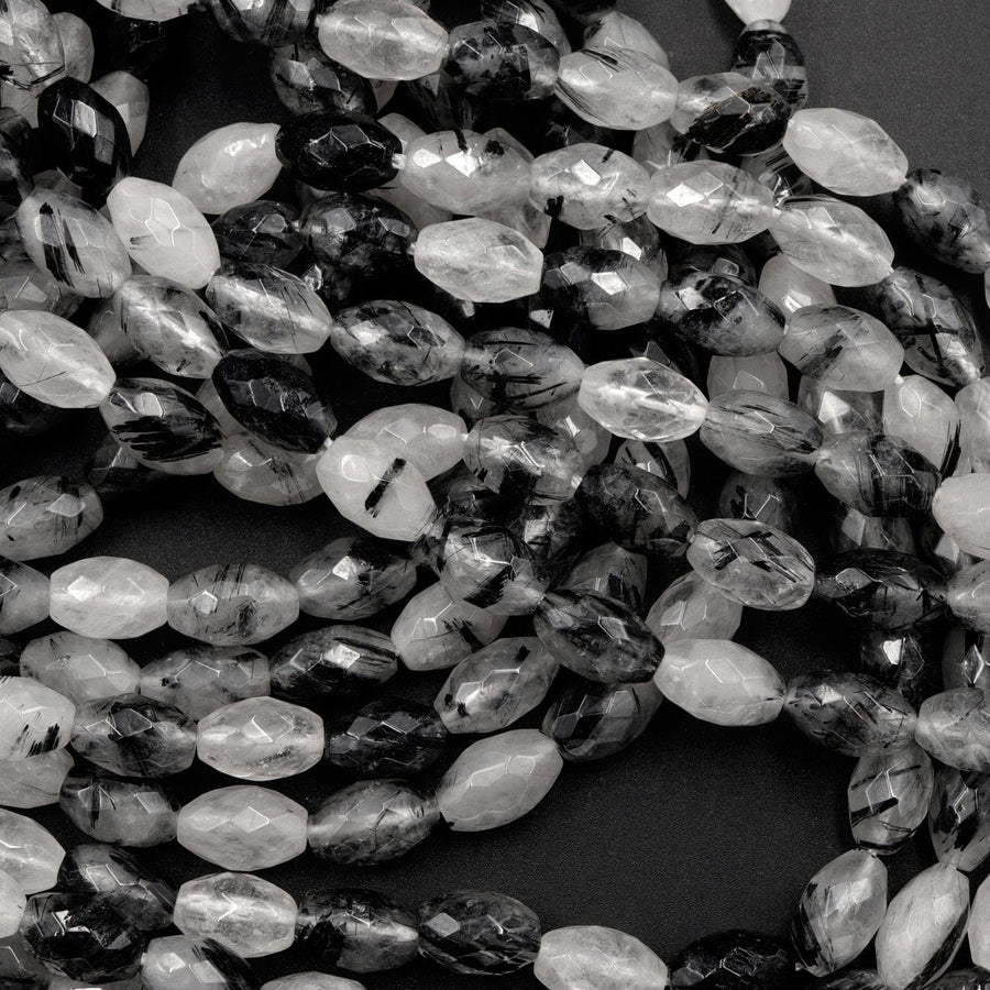 Black Rutilated Quartz Beads Faceted Drum Barrel 9mm 12mm Natural Black Tourmaline Rutile Quartz Semi Precious Gemstone 16" Strand