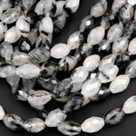 Black Rutilated Quartz Beads Faceted Drum Barrel 9mm 12mm Natural Black Tourmaline Rutile Quartz Semi Precious Gemstone 16" Strand