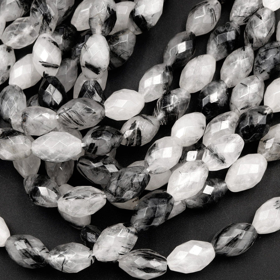 Black Rutilated Quartz Beads Faceted Drum Barrel 9mm 12mm Natural Black Tourmaline Rutile Quartz Semi Precious Gemstone 16" Strand