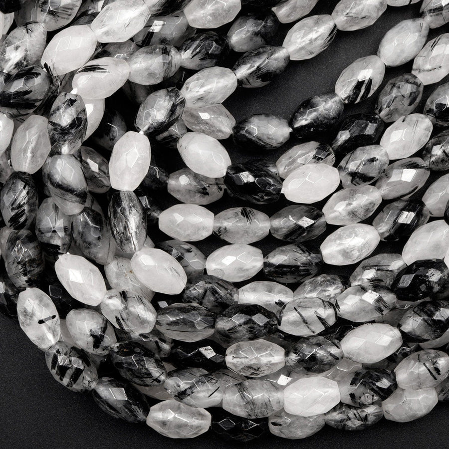 Black Rutilated Quartz Beads Faceted Drum Barrel 9mm 12mm Natural Black Tourmaline Rutile Quartz Semi Precious Gemstone 16" Strand