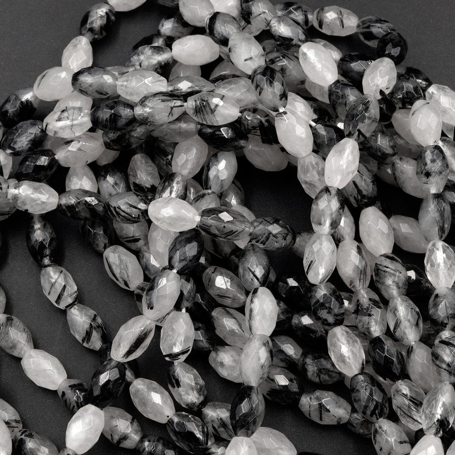 Black Rutilated Quartz Beads Faceted Drum Barrel 9mm 12mm Natural Black Tourmaline Rutile Quartz Semi Precious Gemstone 16" Strand