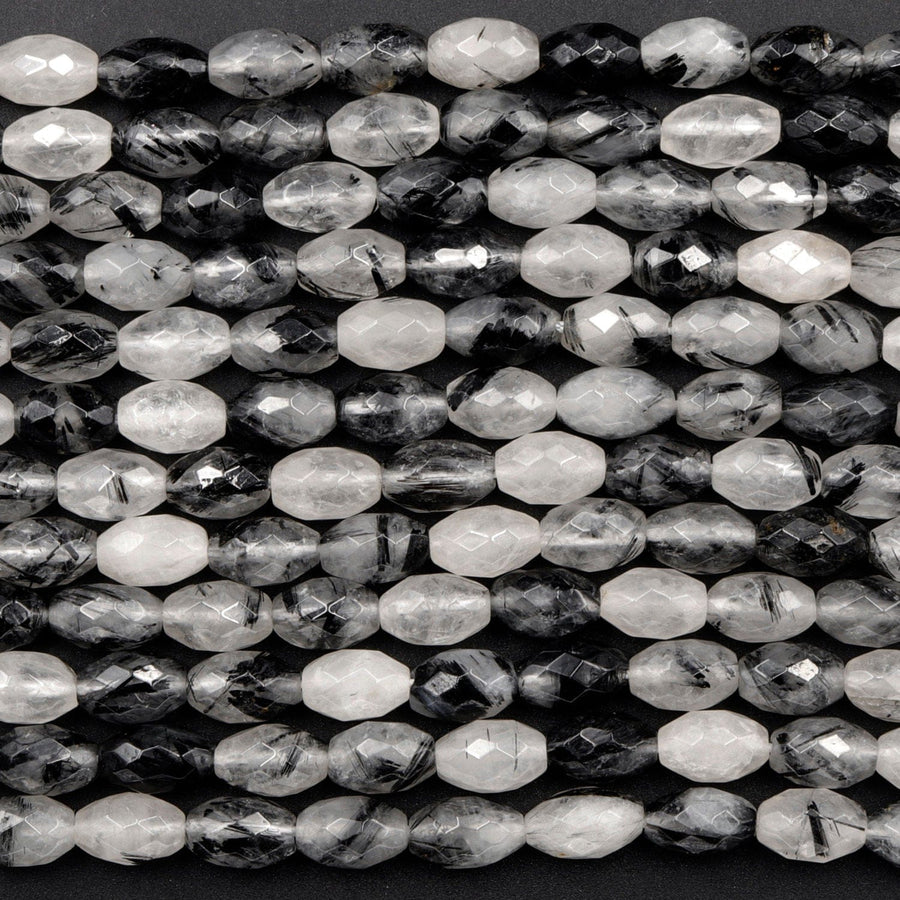 Black Rutilated Quartz Beads Faceted Drum Barrel 9mm 12mm Natural Black Tourmaline Rutile Quartz Semi Precious Gemstone 16" Strand