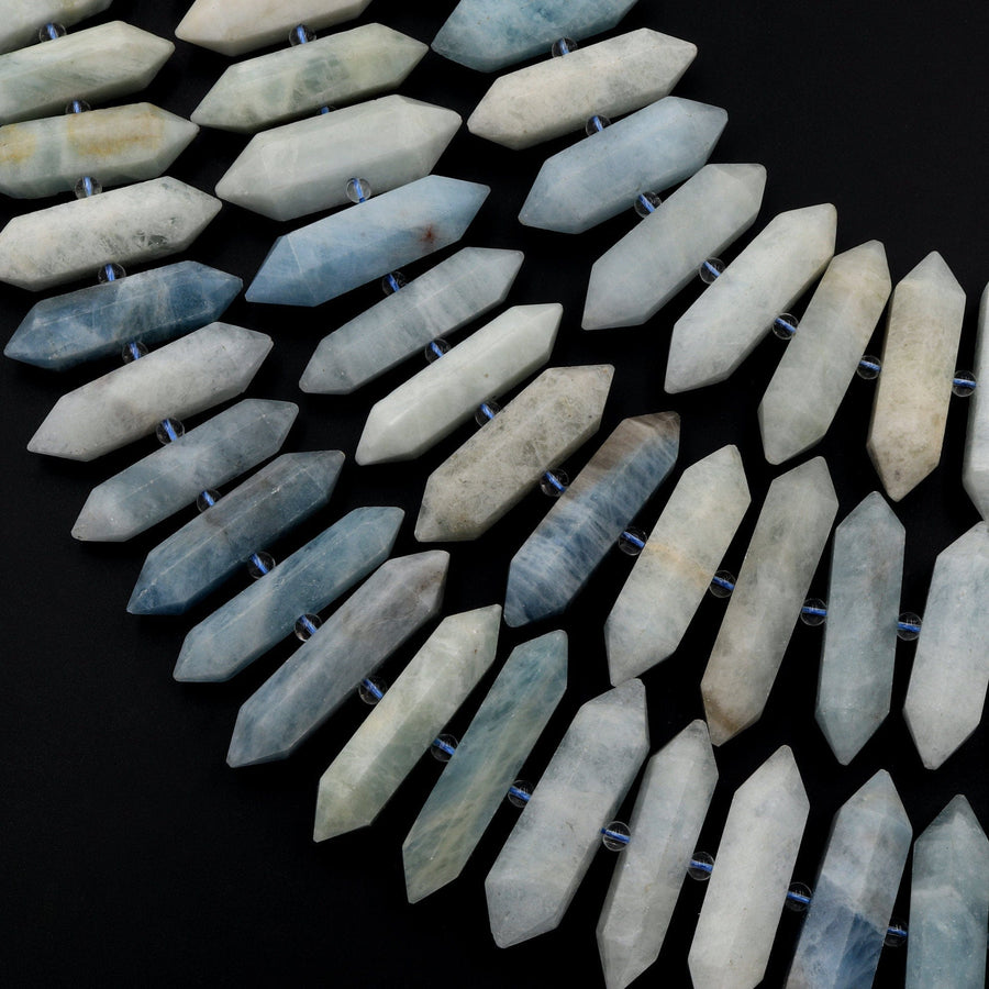 Natural Aquamarine Beads Faceted Double Terminated Points Large Center Drilled Real Genuine Soft Blue Aquamarine Focal Pendant 16" Strand