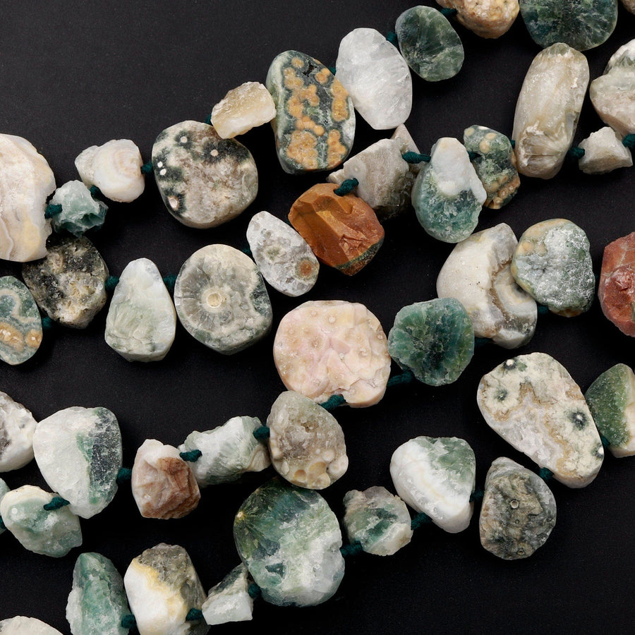 Natural Ocean Jasper Beads Raw Druzy Drusy Freeform Nuggets Green Yellow Orbs Eyes High Quality Gemstone 15.5" Strand
