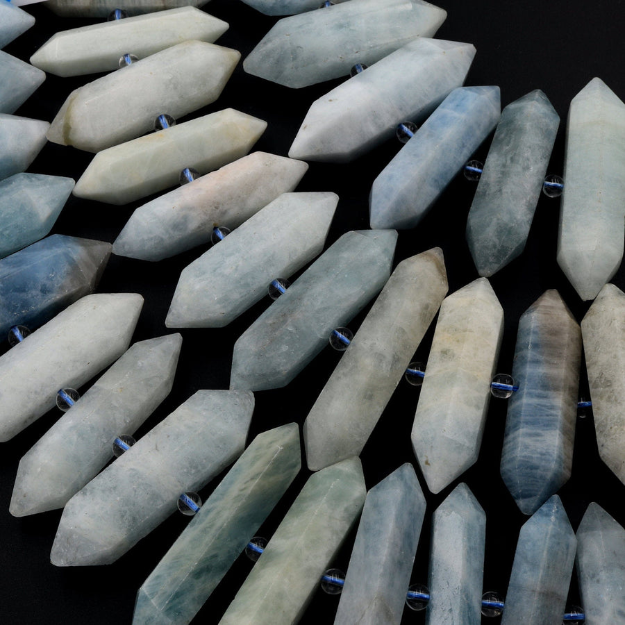 Natural Aquamarine Beads Faceted Double Terminated Points Large Center Drilled Real Genuine Soft Blue Aquamarine Focal Pendant 16" Strand