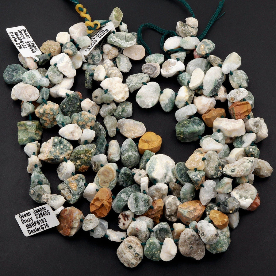 Natural Ocean Jasper Beads Raw Druzy Drusy Freeform Nuggets Green Yellow Orbs Eyes High Quality Gemstone 15.5" Strand