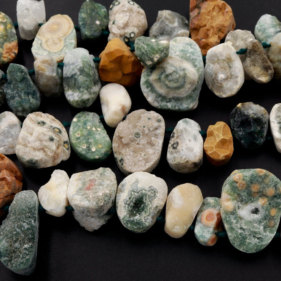 Natural Ocean Jasper Beads Raw Druzy Drusy Freeform Nuggets Green Yellow Orbs Eyes High Quality Gemstone 15.5" Strand