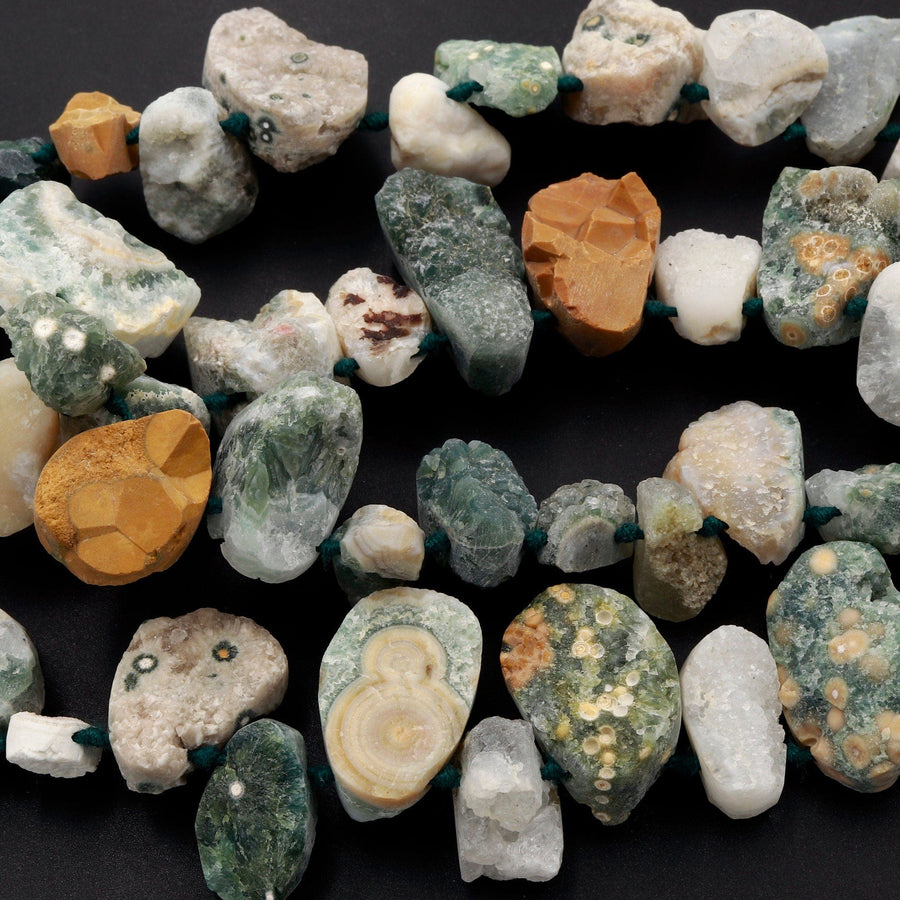 Natural Ocean Jasper Beads Raw Druzy Drusy Freeform Nuggets Green Yellow Orbs Eyes High Quality Gemstone 15.5" Strand