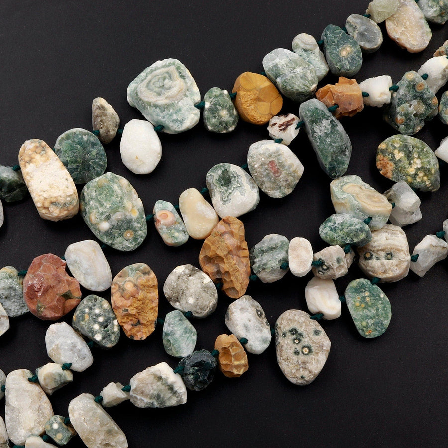 Natural Ocean Jasper Beads Raw Druzy Drusy Freeform Nuggets Green Yellow Orbs Eyes High Quality Gemstone 15.5" Strand
