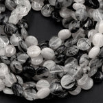Black Rutilated Quartz Coin Beads 8mm 10mm Black Tourmaline Rutile Quartz Smooth Coin Black Semi Precious Gemstone 16" Strand