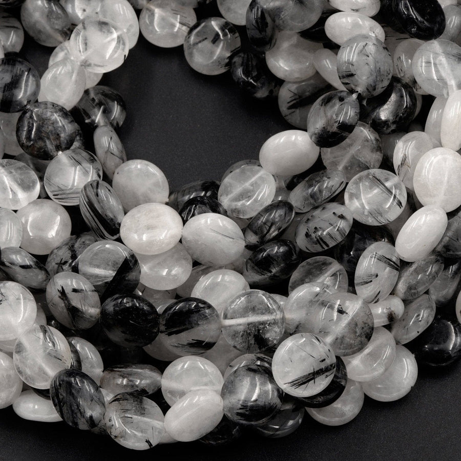 Black Rutilated Quartz Coin Beads 8mm 10mm Black Tourmaline Rutile Quartz Smooth Coin Black Semi Precious Gemstone 16" Strand