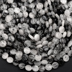 Black Rutilated Quartz Coin Beads 8mm 10mm Black Tourmaline Rutile Quartz Smooth Coin Black Semi Precious Gemstone 16" Strand