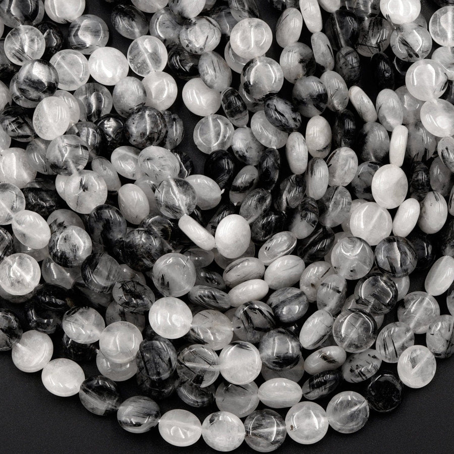 Black Rutilated Quartz Coin Beads 8mm 10mm Black Tourmaline Rutile Quartz Smooth Coin Black Semi Precious Gemstone 16" Strand