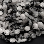 Black Rutilated Quartz Coin Beads 8mm 10mm Black Tourmaline Rutile Quartz Smooth Coin Black Semi Precious Gemstone 16" Strand