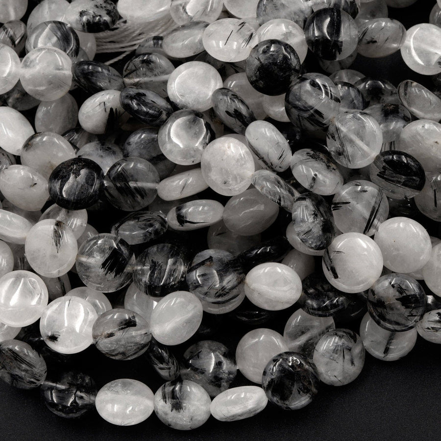 Black Rutilated Quartz Coin Beads 8mm 10mm Black Tourmaline Rutile Quartz Smooth Coin Black Semi Precious Gemstone 16" Strand