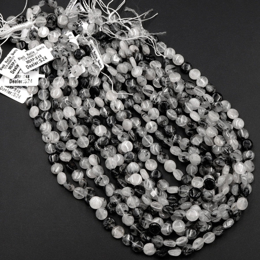 Black Rutilated Quartz Coin Beads 8mm 10mm Black Tourmaline Rutile Quartz Smooth Coin Black Semi Precious Gemstone 16" Strand