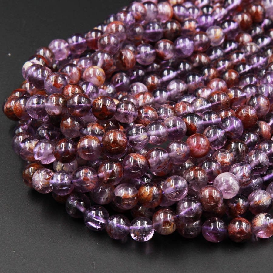 Super Crystal Element Natural Phantom Amethyst Cacoxenite Round Beads 4mm 6mm 8mm 10mm 12mm 14mm Round Beads Powerful Healing Stone