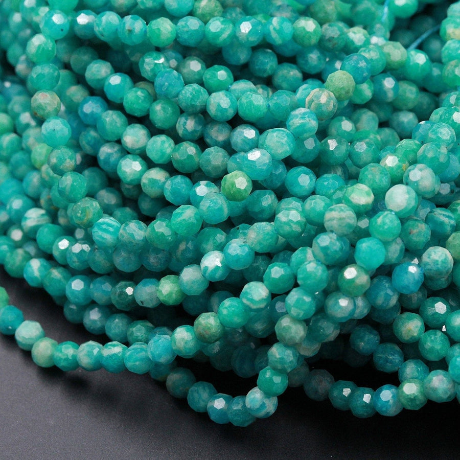Rare Russian Amazonite Faceted Round Beads 4mm 5mm Micro Faceted Stunning Natural Blue Green Laser Diamond Cut Gemstone 16" Strand