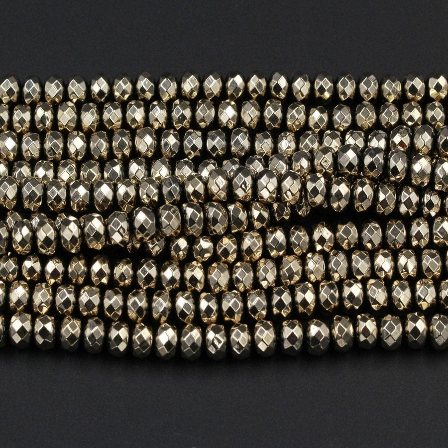 Titanium Pyrite Faceted 6mm x 4mm and 8mm x 5mm Rondelle beads Thick Faceted Diamond Micro Cut Sparkling Natural Gemstone 16" Strand
