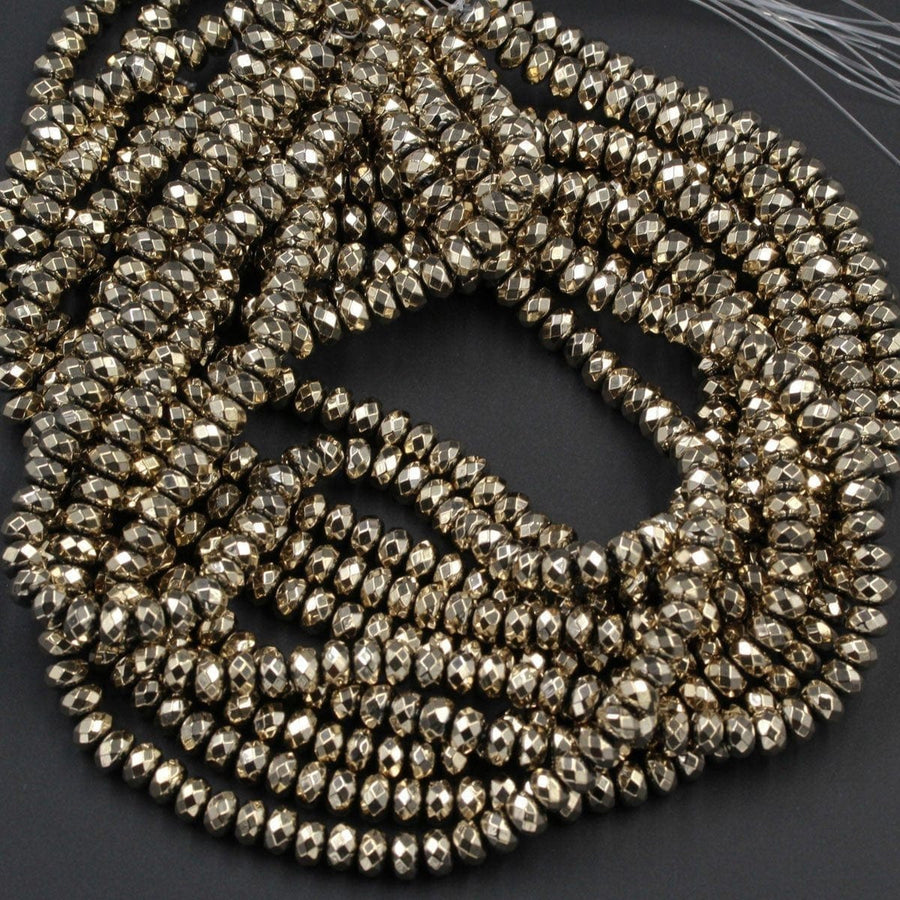 Titanium Pyrite Faceted 6mm x 4mm and 8mm x 5mm Rondelle beads Thick Faceted Diamond Micro Cut Sparkling Natural Gemstone 16" Strand