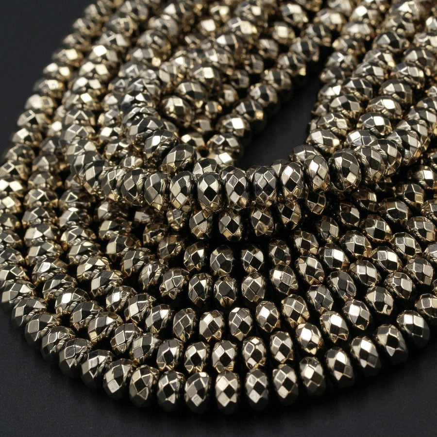 Titanium Pyrite Faceted 6mm x 4mm and 8mm x 5mm Rondelle beads Thick Faceted Diamond Micro Cut Sparkling Natural Gemstone 16" Strand