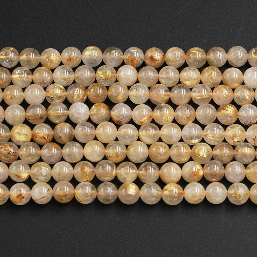 Natural Golden Rutile Quartz 4mm 6mm 8mm 12mm Round Beads Gold Yellow Rutilated Quartz Round Beads Tons of Sharp Rutile Hair Needle Strand