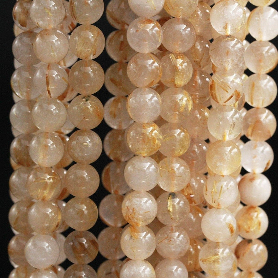Natural Golden Rutile Quartz 4mm 6mm 8mm 12mm Round Beads Gold Yellow Rutilated Quartz Round Beads Tons of Sharp Rutile Hair Needle Strand