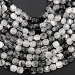 Black Rutilated Quartz Square Beads 10mm Black Tourmaline Rutile Quartz Smooth Coin Black Semi Precious Gemstone 16" Strand