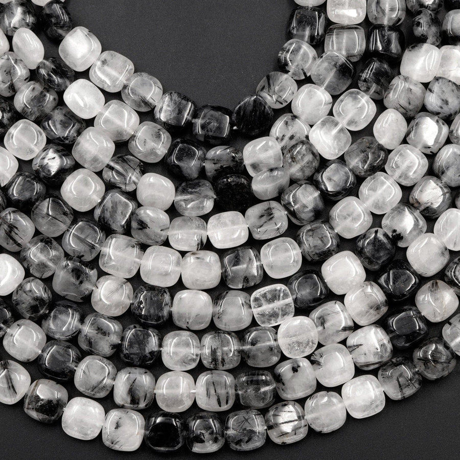 Black Rutilated Quartz Square Beads 10mm Black Tourmaline Rutile Quartz Smooth Coin Black Semi Precious Gemstone 16" Strand