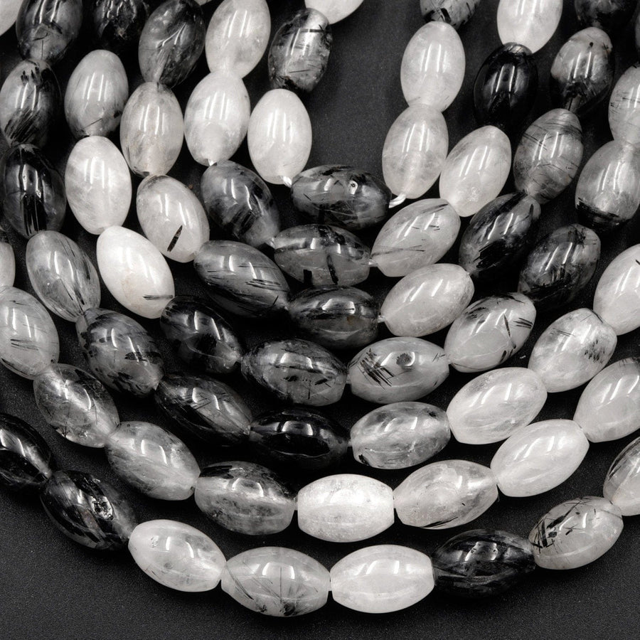 Black Rutilated Quartz Barrel Drum Cylinder Beads 9mm 10mm 16mm Natural Black Tourmaline Rutile in Clear Crystal Quartz Gemstone 16" Strand