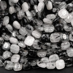 Black Rutilated Quartz Square Beads 10mm Black Tourmaline Rutile Quartz Smooth Coin Black Semi Precious Gemstone 16" Strand