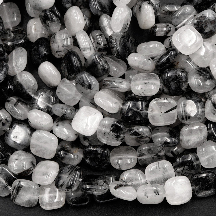 Black Rutilated Quartz Square Beads 10mm Black Tourmaline Rutile Quartz Smooth Coin Black Semi Precious Gemstone 16" Strand