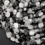 Black Rutilated Quartz Square Beads 10mm Black Tourmaline Rutile Quartz Smooth Coin Black Semi Precious Gemstone 16" Strand