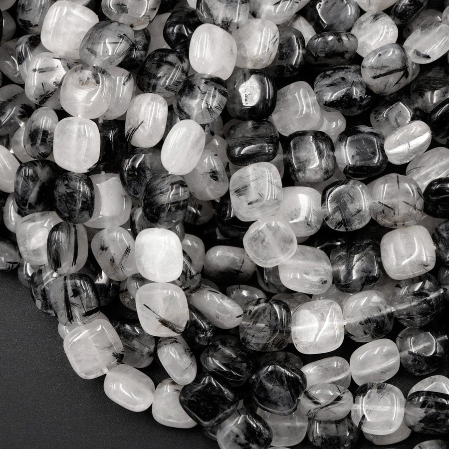 Black Rutilated Quartz Square Beads 10mm Black Tourmaline Rutile Quartz Smooth Coin Black Semi Precious Gemstone 16" Strand