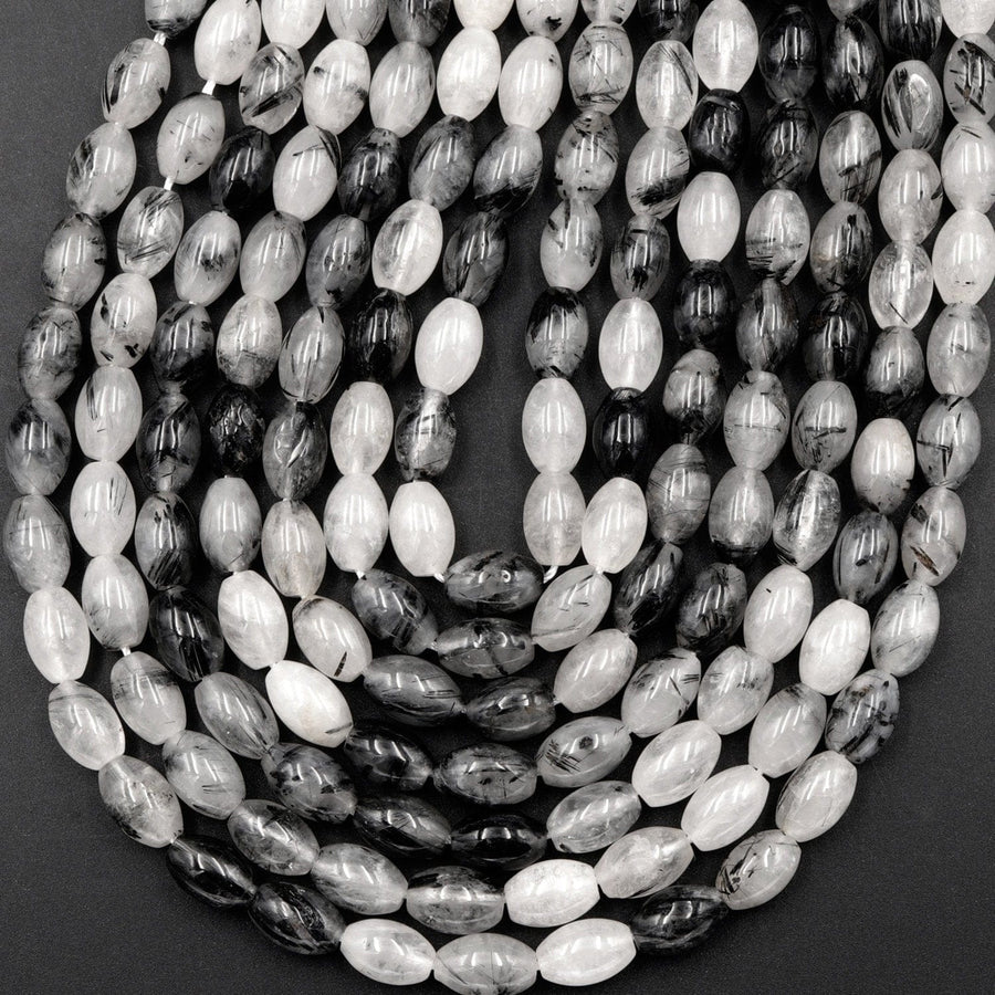 Black Rutilated Quartz Barrel Drum Cylinder Beads 9mm 10mm 16mm Natural Black Tourmaline Rutile in Clear Crystal Quartz Gemstone 16" Strand