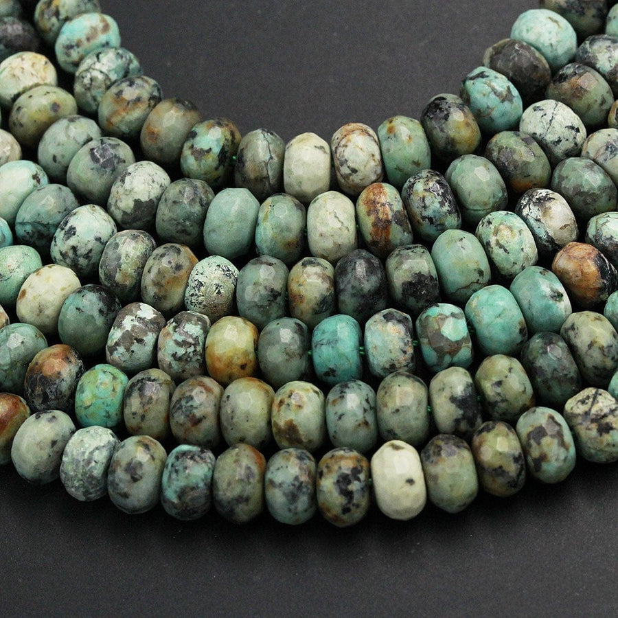 Natural African Turquoise 8mm 10mm 12mm Faceted Rondelle Large Rondelle Beads High Quality Earthy Blue Green Brown Gemstone 16" Strand