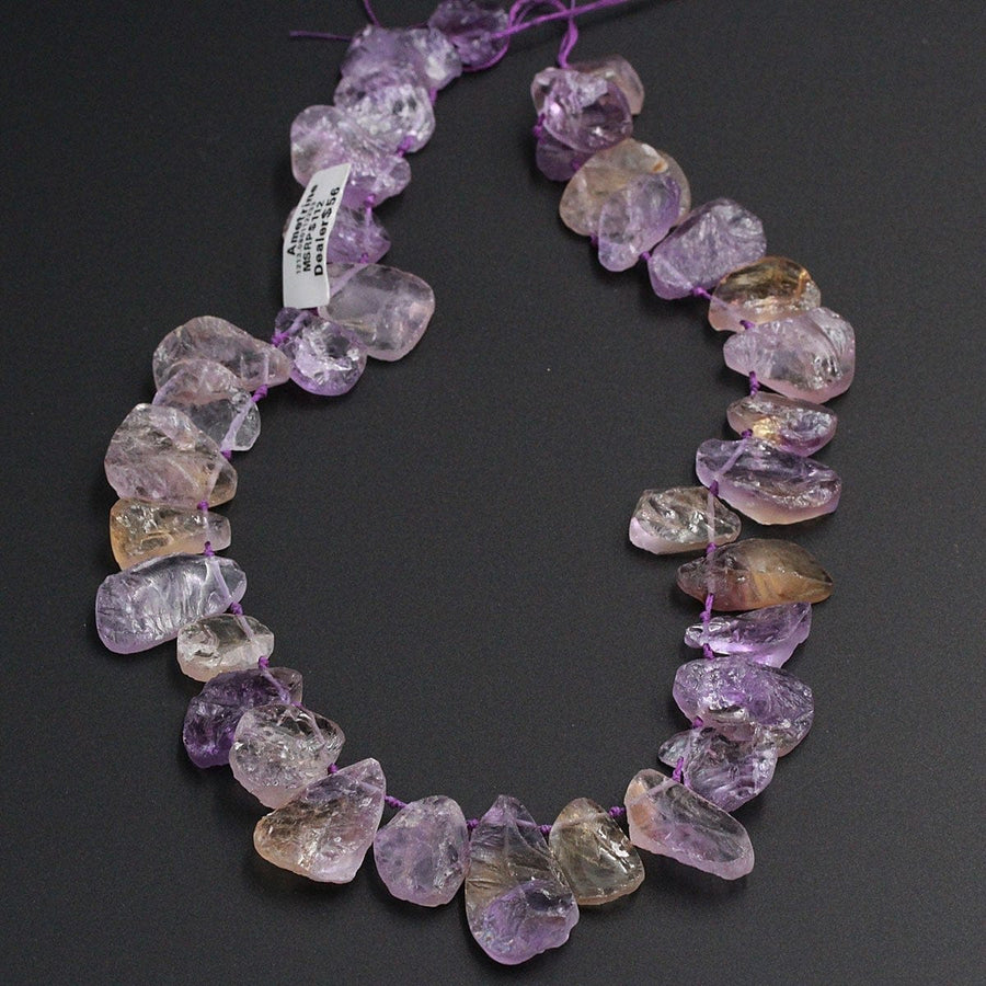 Natural Ametrine Teardrop Top Side Drilled Druzy Raw Rough Beads Purple Amethyst Golden Citrine  Freeform Teardrop Gemstone Beads 16" Strand