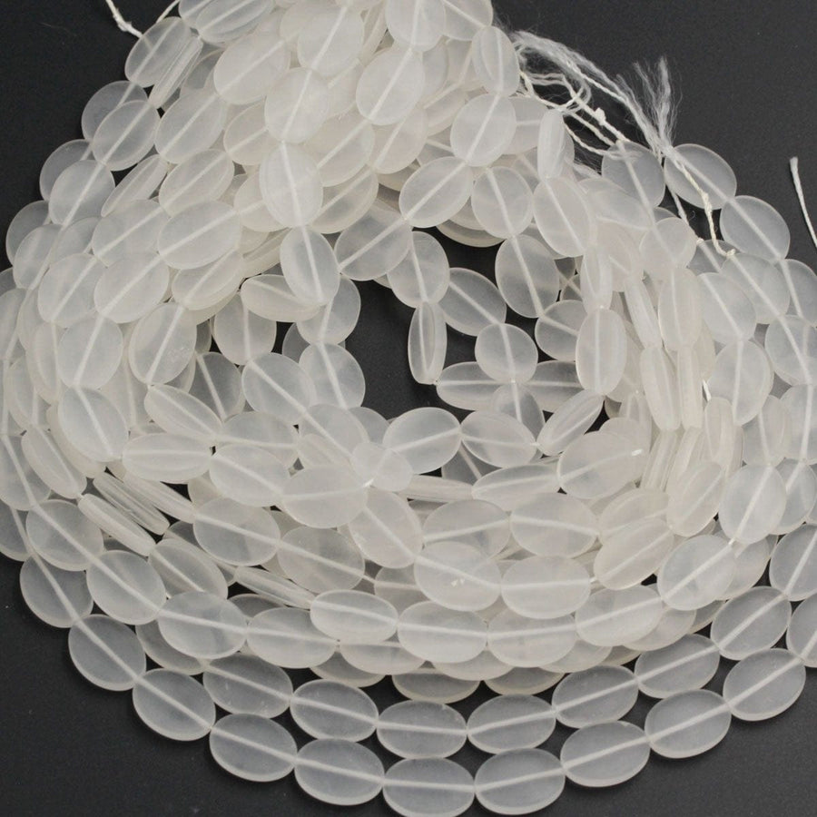 Matte Rock Crystal Quartz Beads Oval Smooth Flat Beads Natural Clear White Crystal Bead Good for Earrings 16" Strand