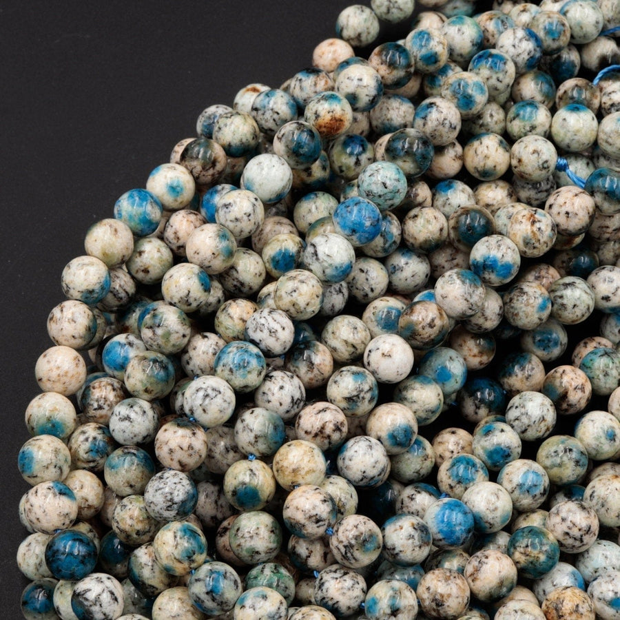 AA Rare K2 Beads 6mm 8mm 10mm Round Beads Natural Blue Azurite in Quartz Granite Real Genuine K2 Beads from Pakistan Afghanistan 16" Strand