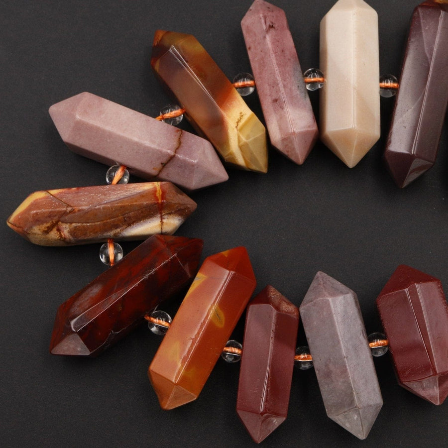 Natural Australian Mookaite Jasper Beads Faceted Double Terminated Points Large Long Healing Focal Pendant Bullet Hexagon Bicone 16" Strand