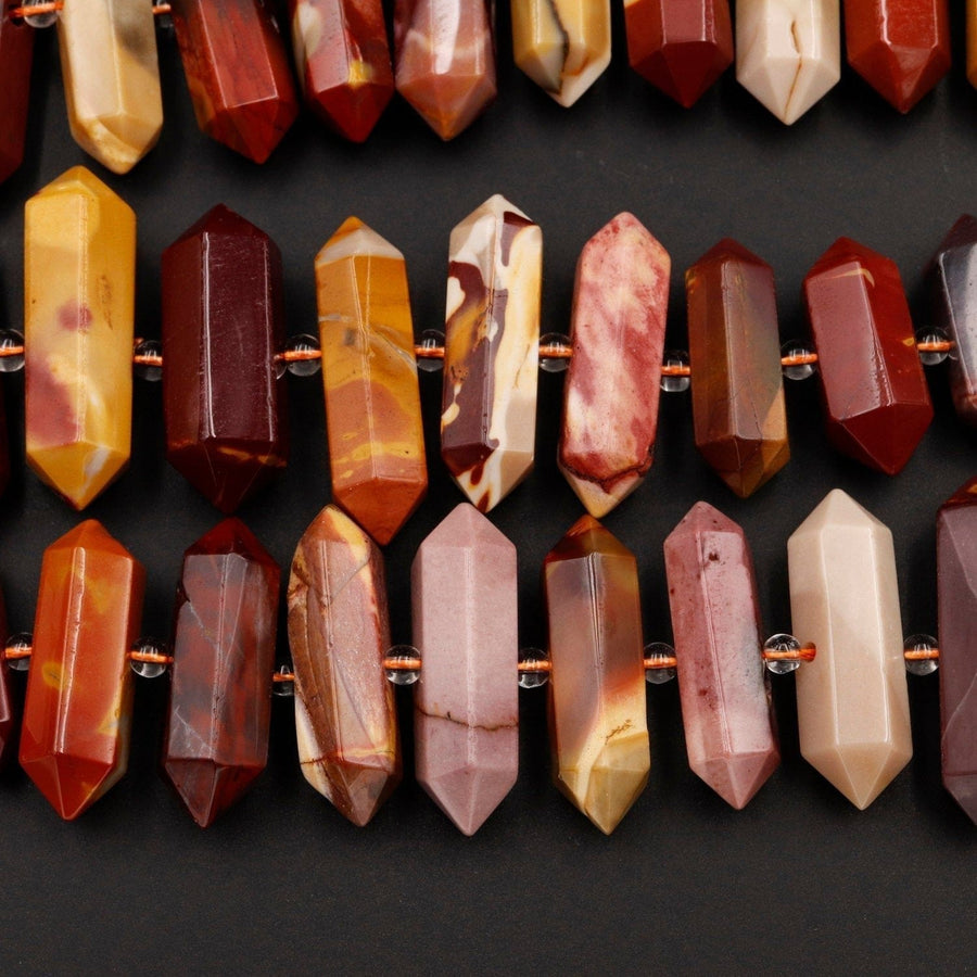 Natural Australian Mookaite Jasper Beads Faceted Double Terminated Points Large Long Healing Focal Pendant Bullet Hexagon Bicone 16" Strand